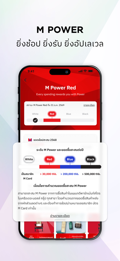 M Card Rewards & Lifestyle - Interface do aplicativo M Card Rewards mostrando os níveis de associação M Power e os requisitos de gastos