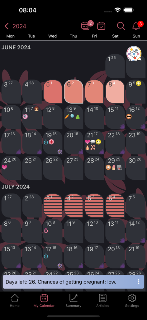 WomanLog Pro Calendar - Monthly calendar view of WomanLog Pro menstrual cycle tracker showing period logs and health symptoms