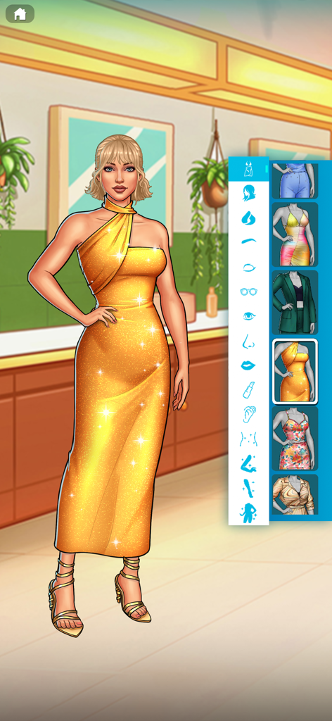 Female character in a sparkly gold dress within the Big Brother The Game outfit customization menu