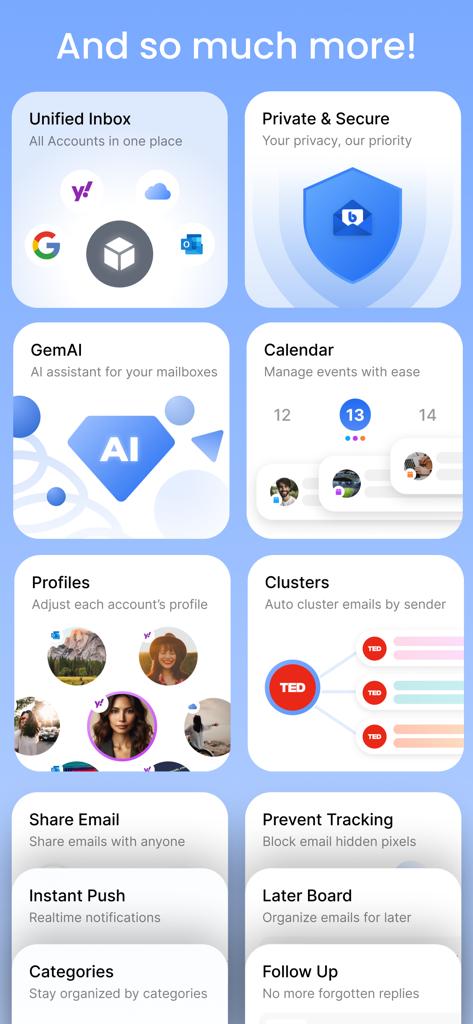統合インボックス、GemAIアシスタント、およびプライバシーコントロールを表示するBlue Mailアプリの機能概要