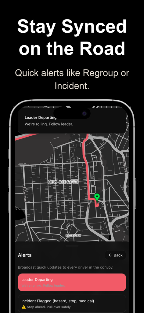 Convoy Tracker app interface displaying real-time alerts and map navigation for group drives