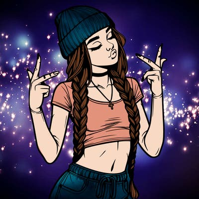 realistic teenage girl with braids and a beanie and crop top doing 🫶🏼