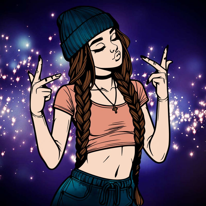 realistic teenage girl with braids and a beanie and crop top doing 🫶🏼