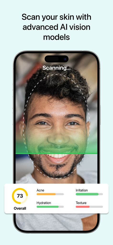 Glass: AI Skincare & Acne Scan - A smartphone displaying the Glass AI app scanning a face and providing skin analysis scores for acne hydration and texture.