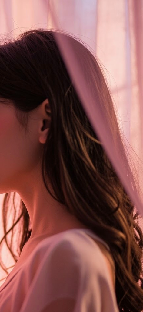 AI Kiss - AI Video Generator - Side profile of a woman with long hair in soft pink cinematic lighting