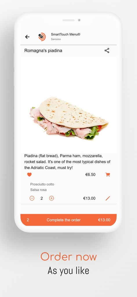 SmartTouch Menu app interface showing a Romagna piadina with ingredients price and order options
