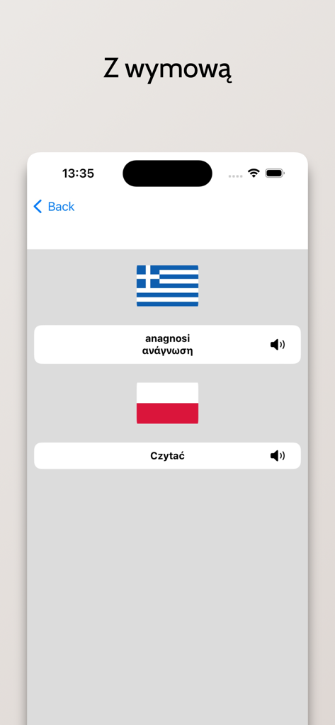 Słownik Grecki-Polski - Greek-Polish dictionary app interface showing translation for the word read with pronunciation audio icons and national flags