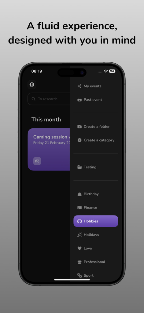 Evently – Event Organizer - Menú de navegación lateral de la aplicación Evently mostrando categorías de eventos como Hobbies y Cumpleaños en una interfaz de modo oscuro