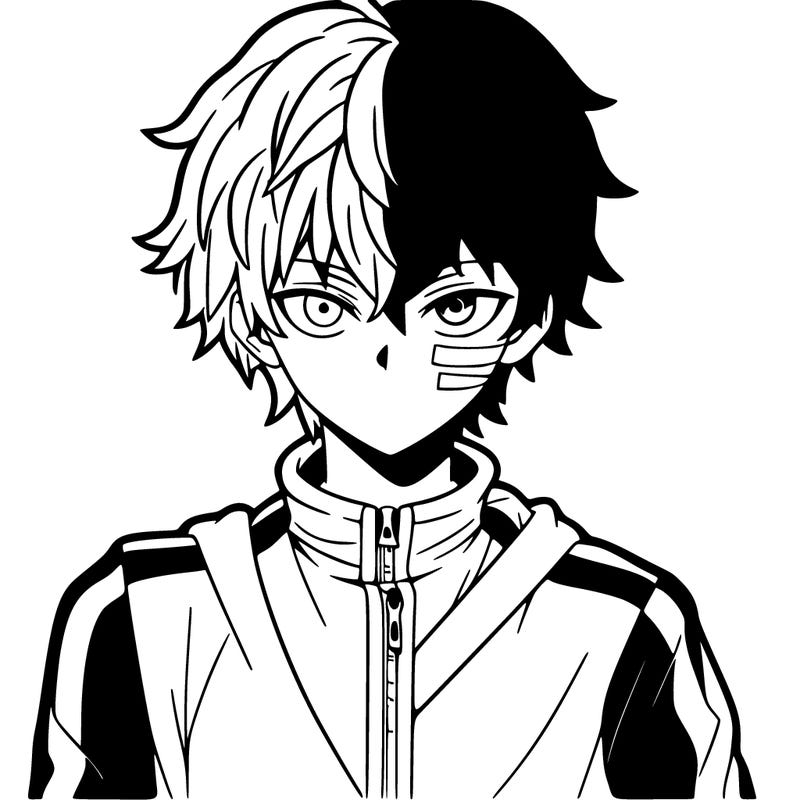 anime boy with half white half red hair and two colored eyes and a scar over his left eye wearing a track suit