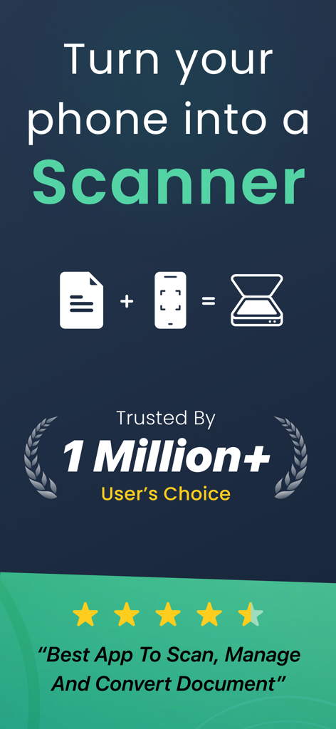 PDF Scanner App for Documents - Descripción general de la app escáner PDF mostrando la conversión de documento a smartphone con insignia de confianza de un millón de usuarios y calificación de cinco estrellas