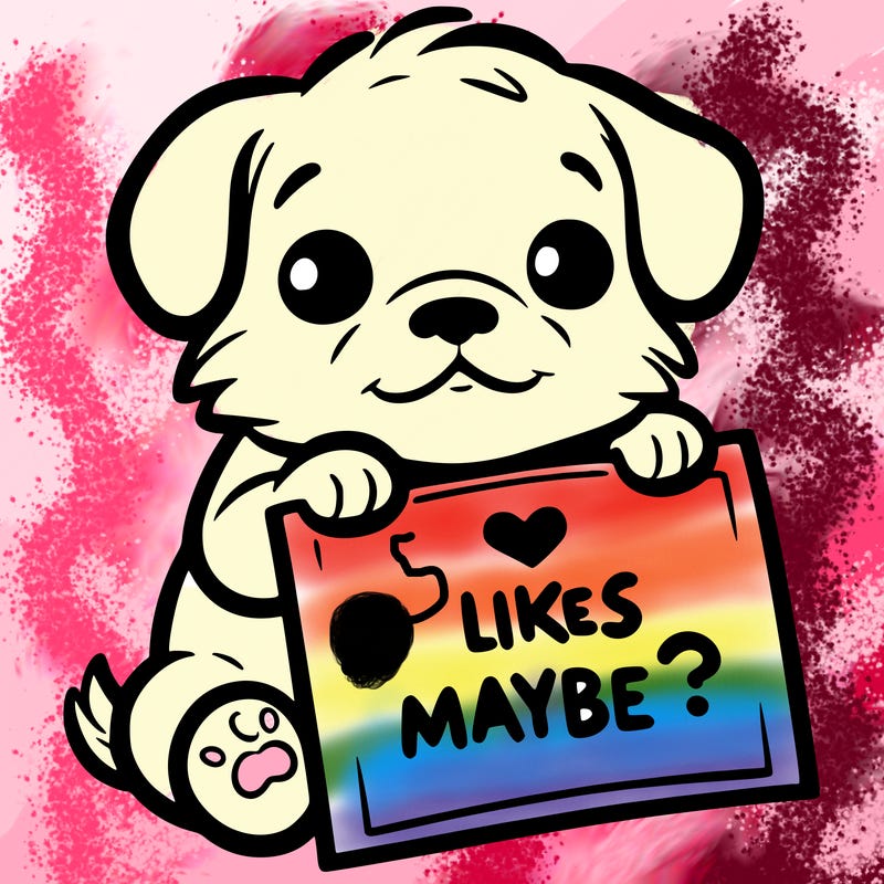 a puppy holding a sign that says 2 likes maybe?