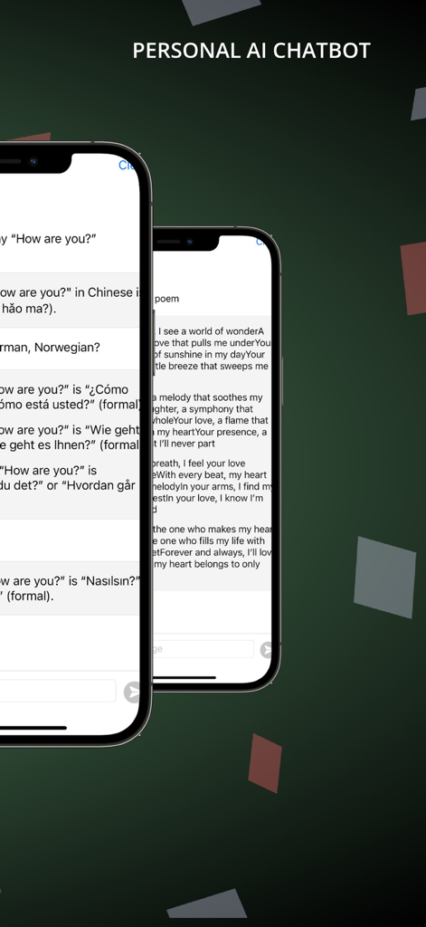 Personal AI Chatbot app interface showing translation results and poem generation on mobile screens