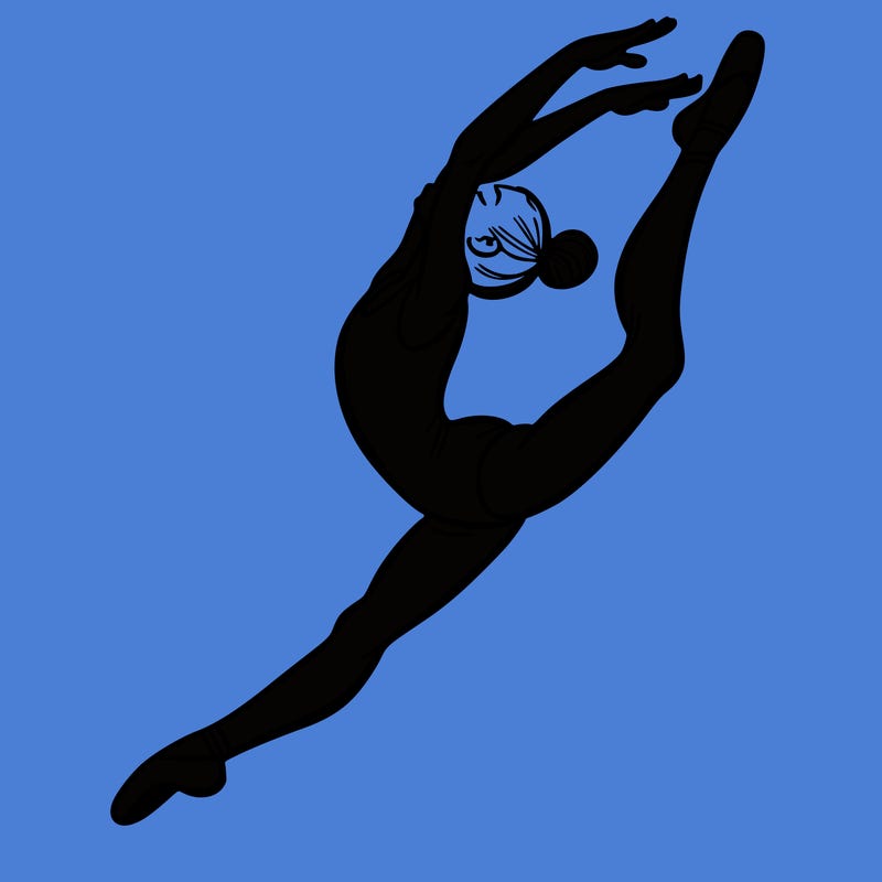 gymnast doing a leap in a leotard with a bent back leg