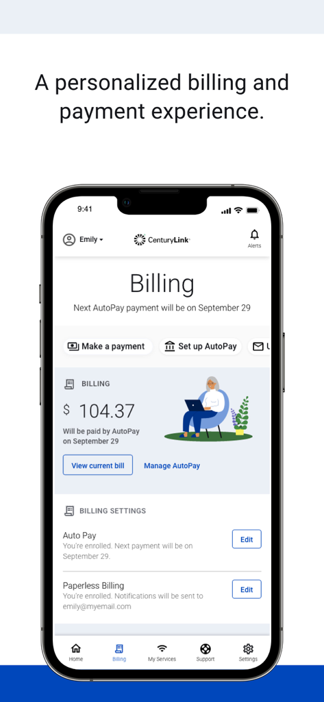 Schermata di gestione fatturazione e pagamenti dell'app My CenturyLink che mostra i dettagli di AutoPay