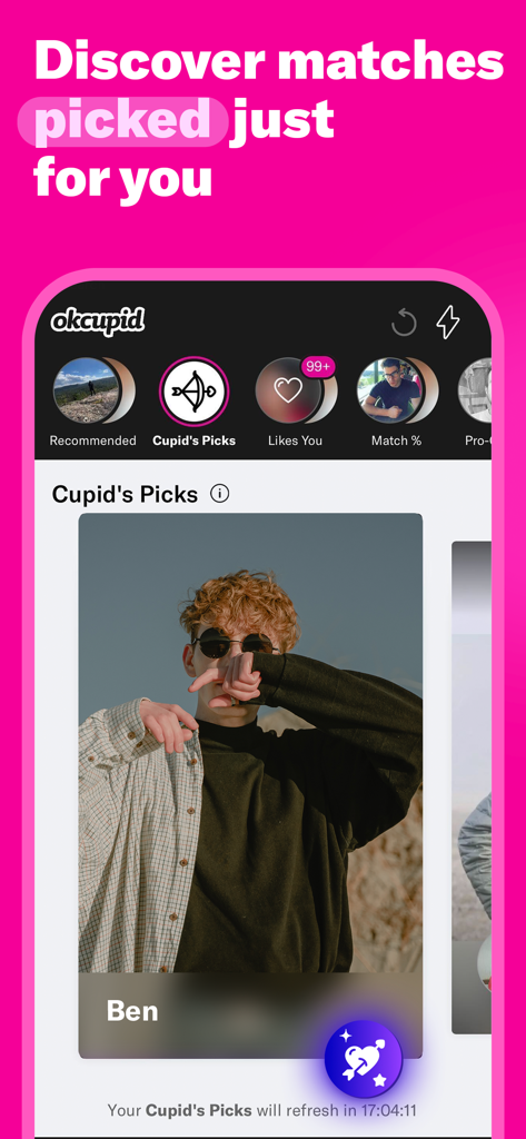 OkCupidモバイルアプリの画面。Cupids Picks機能の下に、パーソナライズされたデーティングマッチが表示されています。