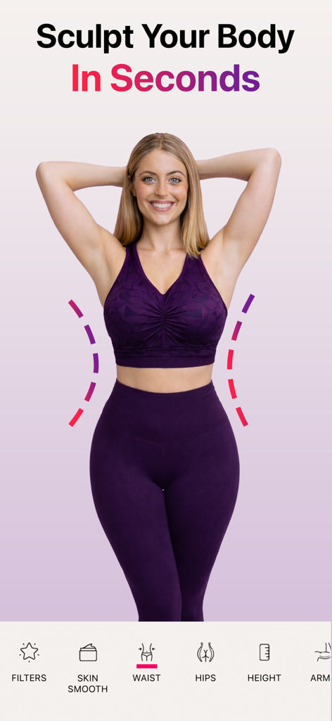 Body Sculpt: AI Body Editor - Editor de fotos IA Body Sculpt demostrando la forma de la cintura en una mujer