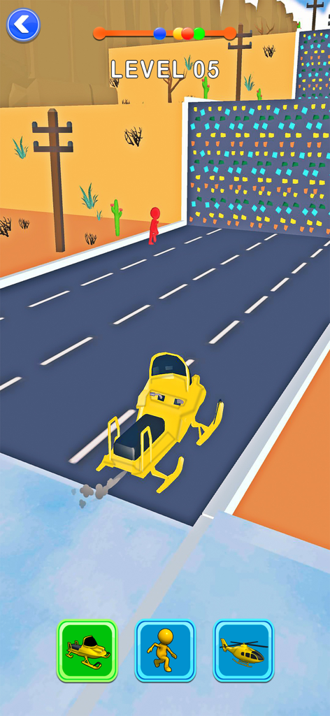 Shape Shifter: Games Car Shift - Gameplay of Shape Shifter car shift showing a snowmobile character and transformation options.