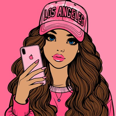 realistic beautiful girl wearing los ángeles cap holding an iphone