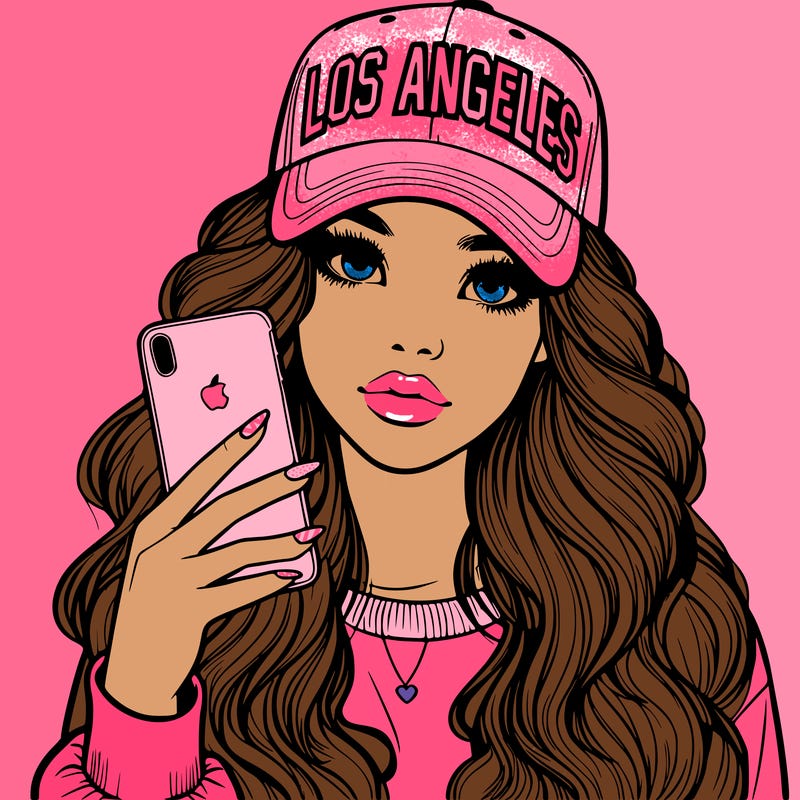 realistic beautiful girl wearing los ángeles cap holding an iphone