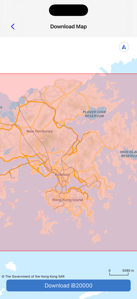 MyMapHK - MyMapHK app screen showing the official iB20000 offline topographic map download interface for Hong Kong.