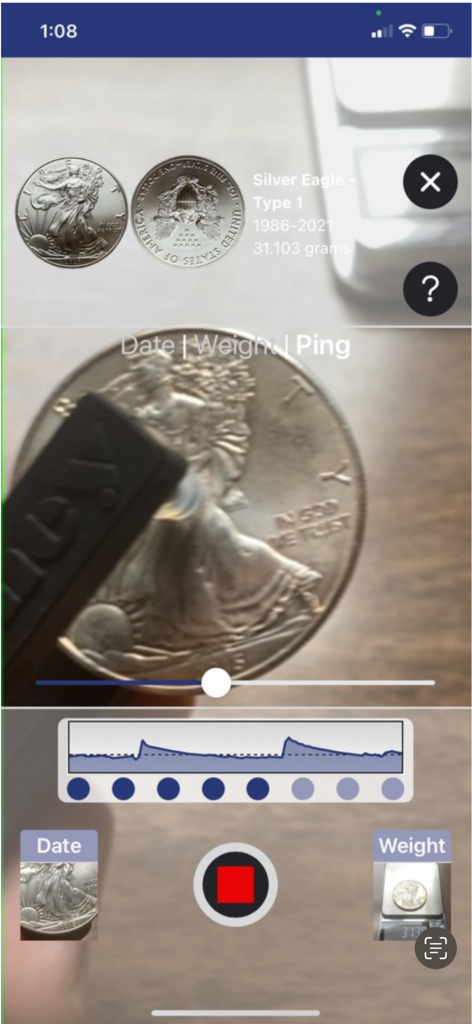 Interfaz de la app StackerTools mostrando una moneda Silver Eagle en proceso de verificación a través de análisis de frecuencia de sonido y peso