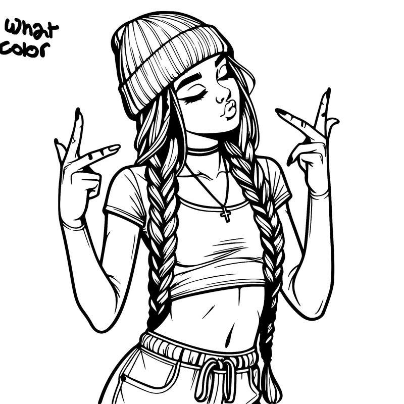 realistic teenage girl with braids and a beanie and crop top doing 🫶🏼