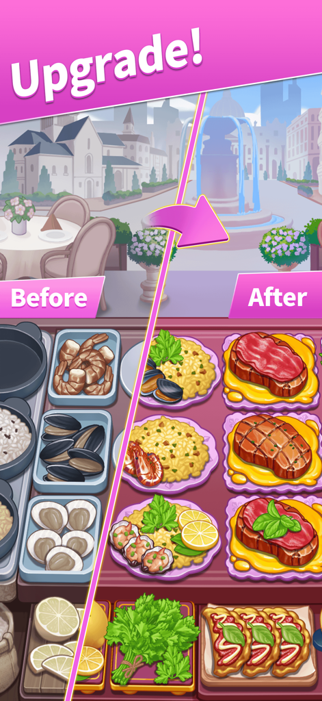 Comparison showing restaurant and dish upgrades from basic ingredients to gourmet meals in Cooking World Yummy Food.
