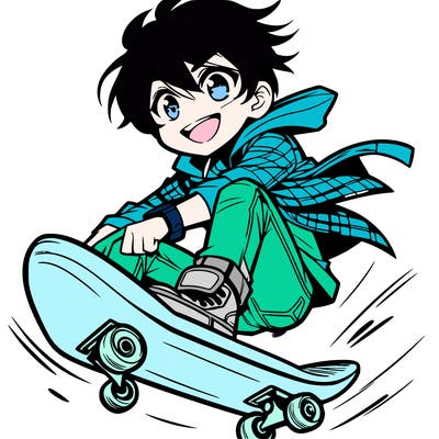 anime boy riding on a skateboard in the air wind blowing in there hair smiling having fun