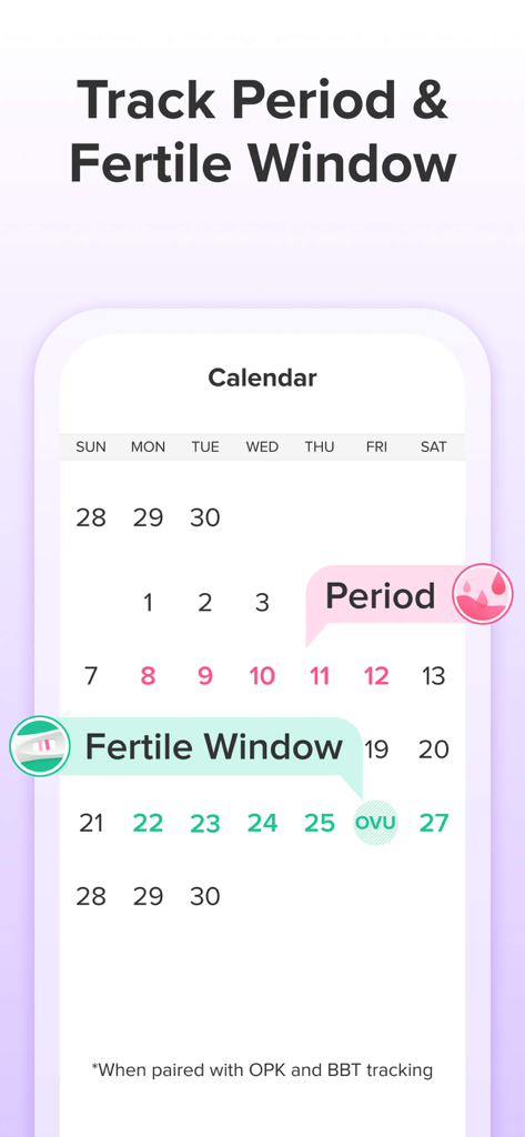 Glow Ovulation & Period App - Mobile calendar interface showing menstrual period and fertile window tracking in the Glow app