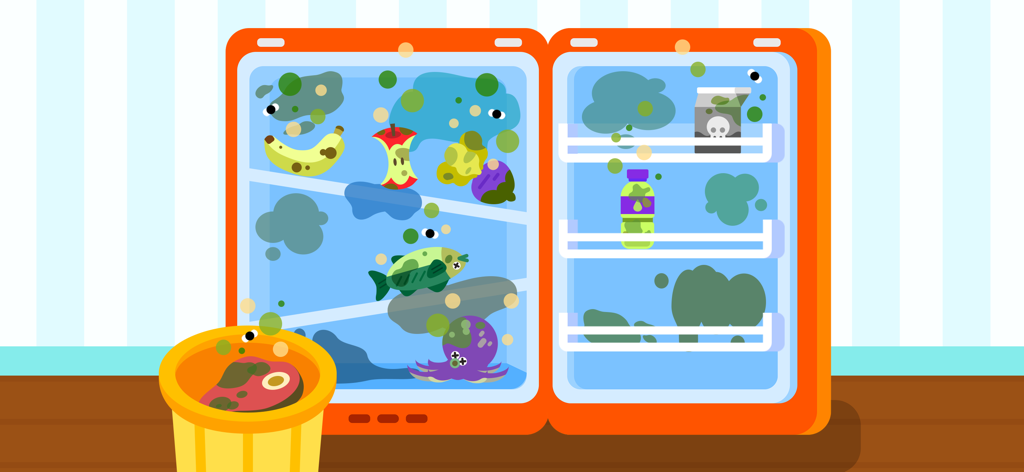 Cocobi Home Clean Up - Decor - Un refrigerador de dibujos animados desordenado con comida en mal estado y manchas de moho verde que necesitan limpieza en la aplicación Cocobi.