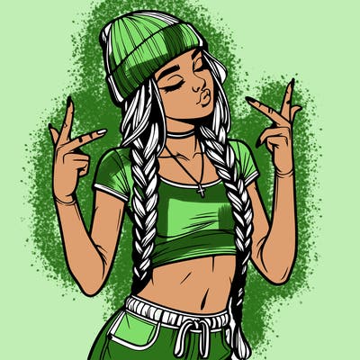 realistic teenage girl with braids and a beanie and crop top doing 🫶🏼