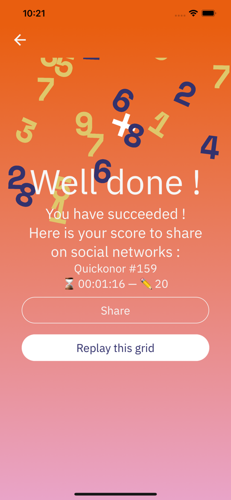 Quickonor by Tetonor - Success screen of the Quickonor math puzzle app showing completion results and options to share or replay