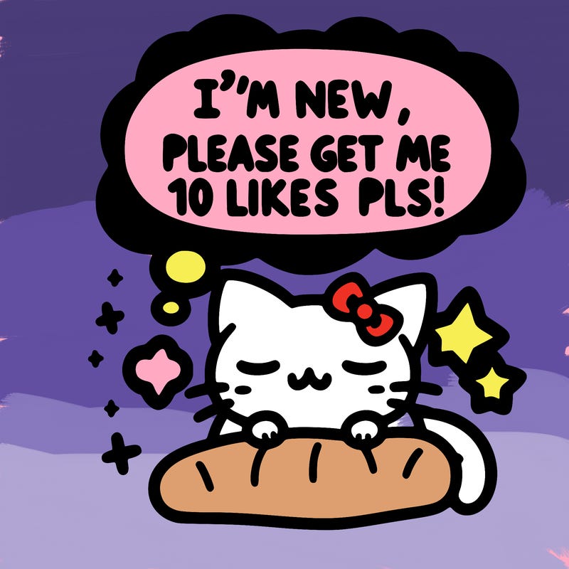 kitty taking a nap dream talking and saying "i'm new, please get me at least 10 likes pls!!"