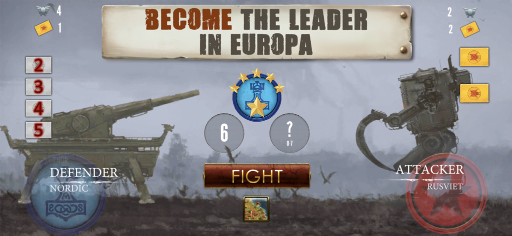 Interfaz de combate en Scythe Edición Digital que muestra una batalla entre mechs nórdicos y rusviet