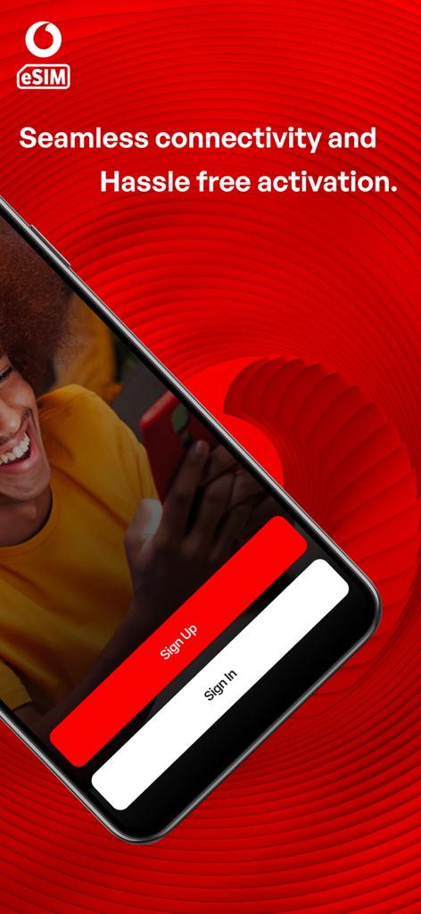 Vodacom eSIM welcome screen showing sign up and sign in buttons for seamless connectivity