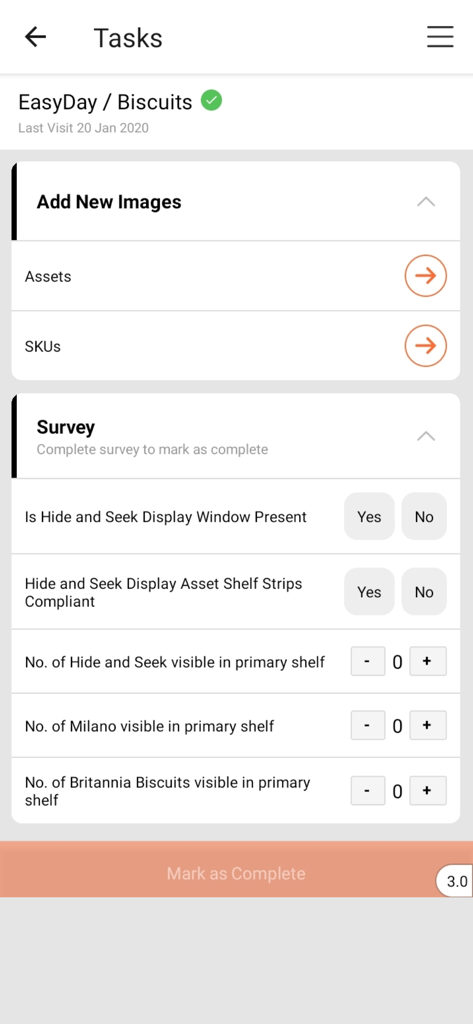 ShelfWatch - ShelfWatch mobile app interface showing retail audit tasks and a product survey for store merchandisers