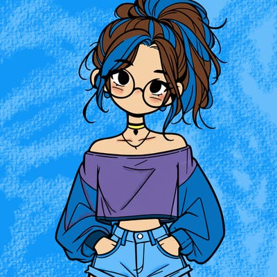girl with a messy ponytail glasses a baggy crop top and jean shorts