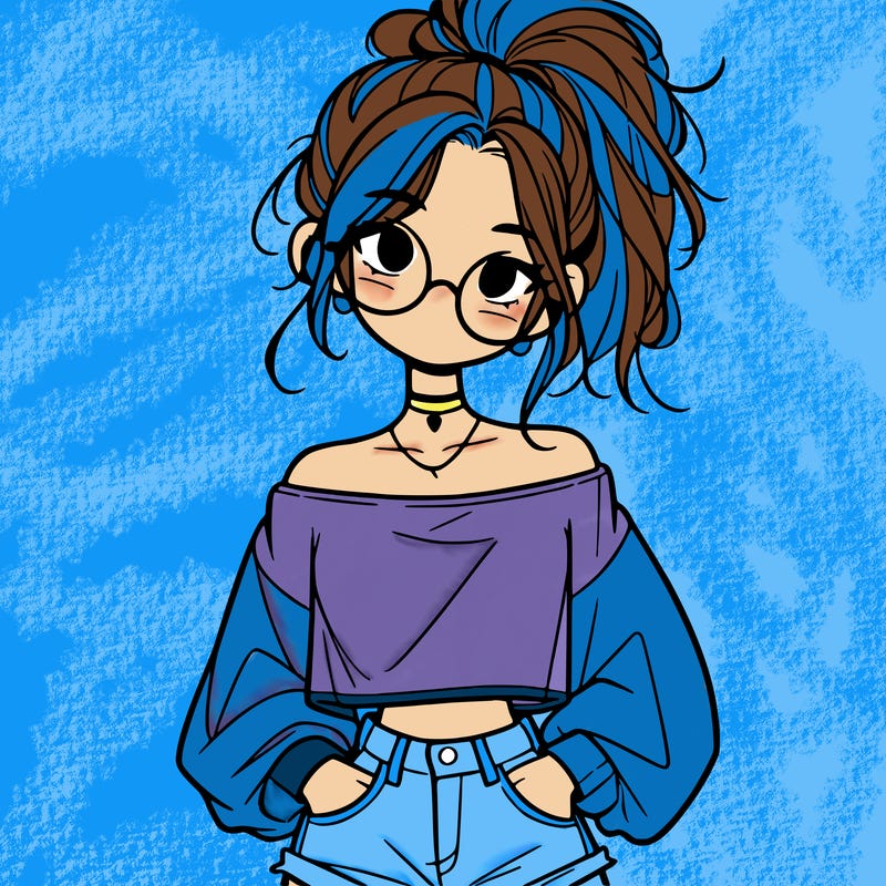 girl with a messy ponytail glasses a baggy crop top and jean shorts