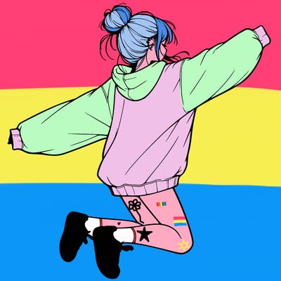realistic girl jumping with a bun and oversized sweatshirt