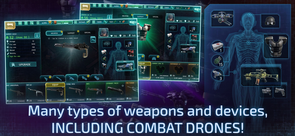 Alien Shooter 2 - The Legend - Menu de aprimoramento de armas e personalização de equipamentos em Alien Shooter 2 apresentando drones de combate e armadura