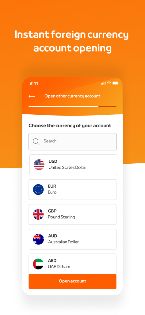 Tela do aplicativo móvel Mashreq Biz mostrando opções instantâneas de abertura de conta em moeda estrangeira para USD, EUR e GBP.