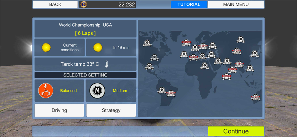 Race Master Manager - Race Master Manager menu showing the USA world championship race details, weather conditions, track temperature, and car settings on a world map background.