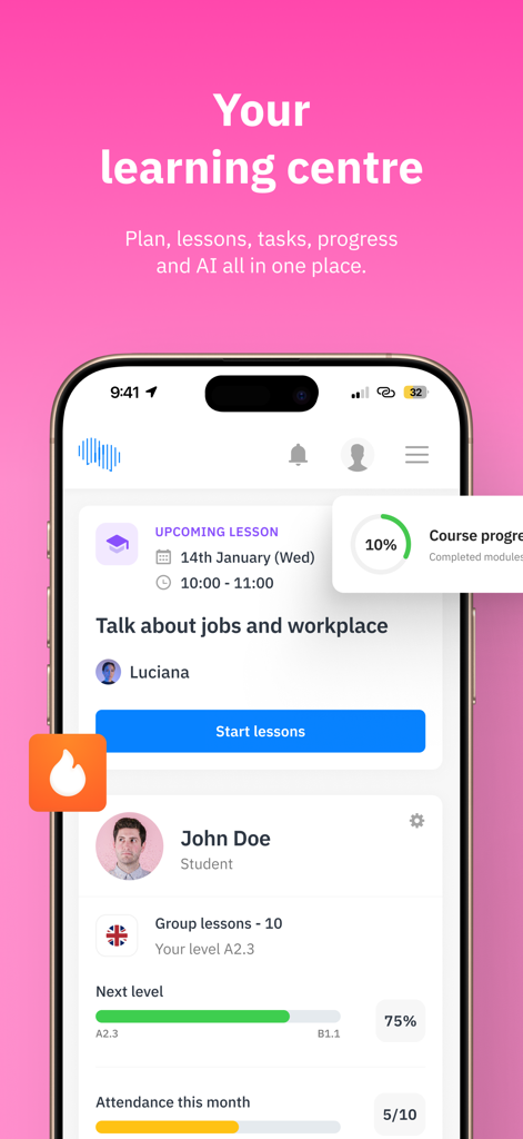 Fluentbe - Fluentbe mobile app dashboard displaying student profile and upcoming lesson schedule