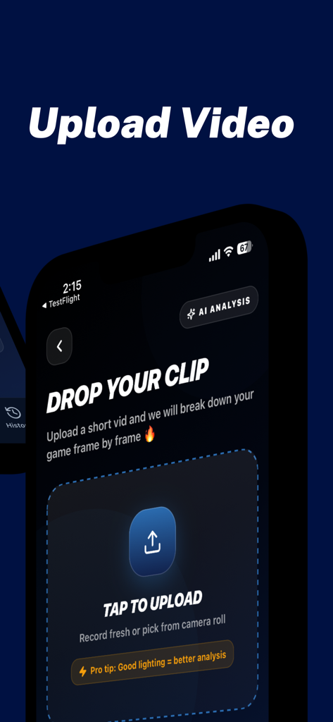 Hockey AI-Analyzer - Mobile app interface showing the video upload screen for AI hockey performance analysis