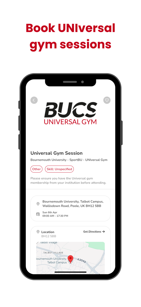 BUCS Play app screen for booking a Universal Gym Session at Bournemouth University including date time and location map