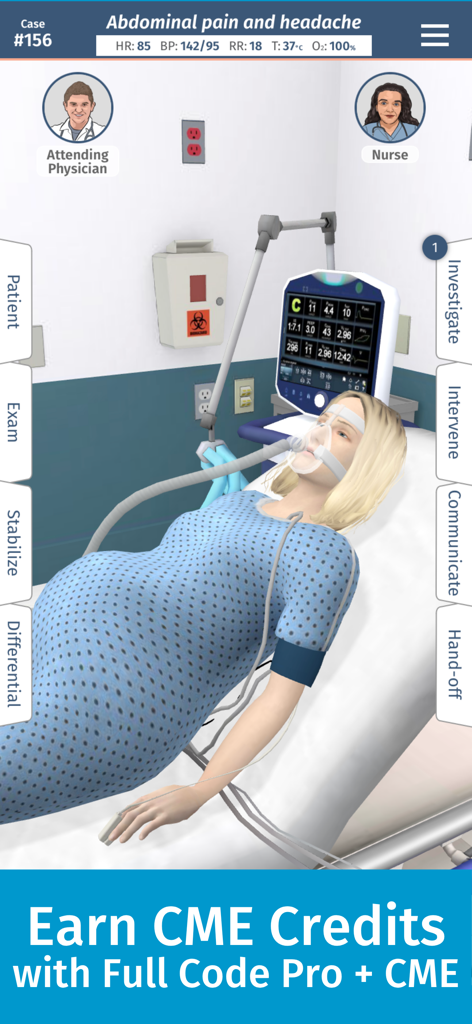 Full Code Medical Simulation - A 3D virtual medical simulation of a pregnant patient in a hospital room with options to investigate and treat, highlighting the ability to earn CME credits.