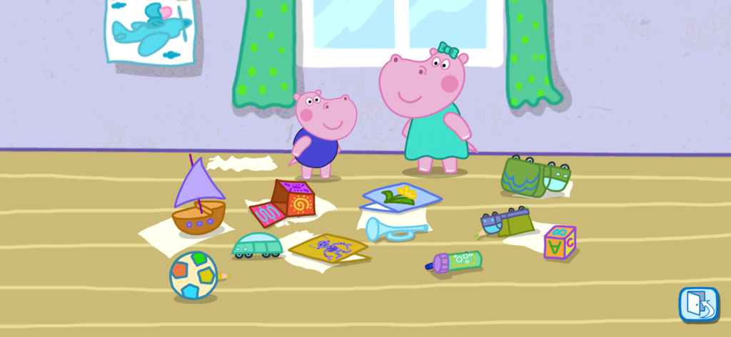 Zwei Hippo-Charaktere stehen in einem Raum mit verstreutem Spielzeug, darunter ein Boot, ein Ball und Blöcke.