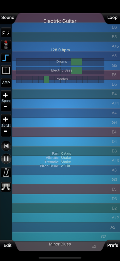 ThumbJam - Interfaz de la aplicación móvil ThumbJam que muestra un instrumento de guitarra eléctrica con escala de blues menor y pistas de loop.