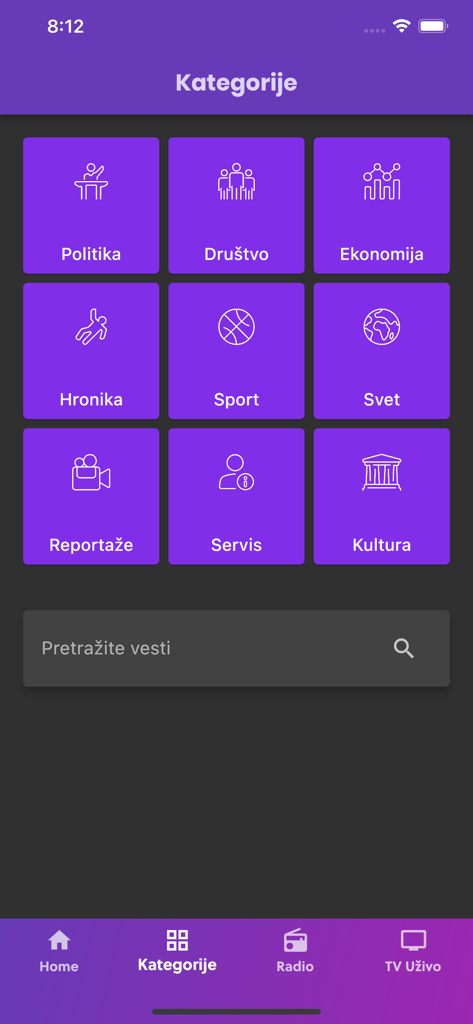 Screenshot of RTVNP news app showing categories like politics, society, and sports