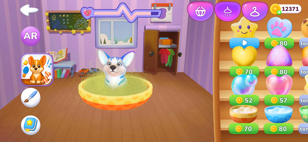 ZenCorgi: Puppy Pet Dog Games - Um filhote de Corgi azul e branco tomando banho de bolhas no jogo de animal de estimação virtual ZenCorgi